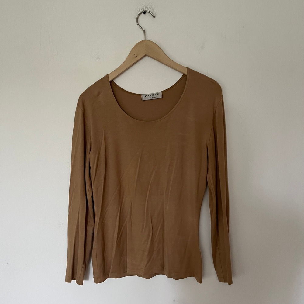 Jaeger Italy Camel Brown Viscose Stretch Scoop Neck Long Sleeve Top Size 36in